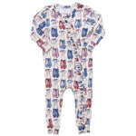 The Pink Chicken Baby Girls' Ruffle Bamboo Romper features long sleeves, a blue and pink ballet shoe pattern, and a ruffled diagonal zipper closure on the front.