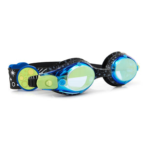 Bling2O Solar Swim Goggles are children's blue and green goggles with a celestial-print strap, decorated with stars and planets for a playful space exploration theme.