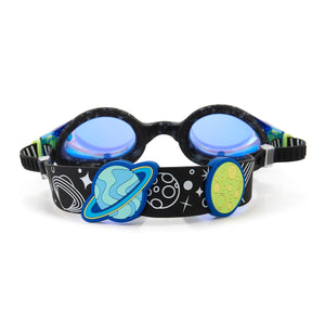 The Bling2O Solar Swim Goggles feature black frames with blue lenses and a celestial-printed strap of cartoon planets and stars—ideal for young swimmers who love space exploration.