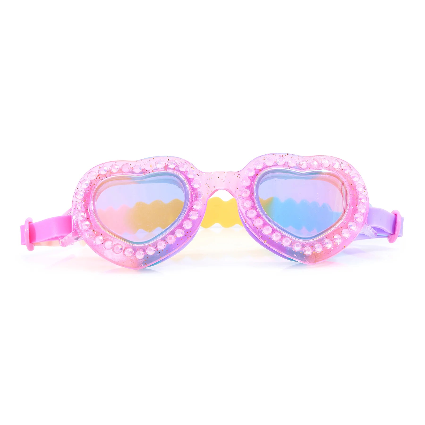 The Bling2O I Love Ya Swim Goggles for kids feature a heart-shaped pink and purple design, decorative beads, multicolored tinted lenses, and UV-protected anti-fog lenses, shown on a white background.