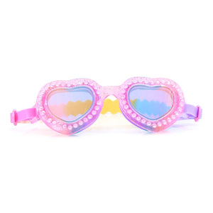 The Bling2O I Love Ya Swim Goggles for kids feature a heart-shaped pink and purple design, decorative beads, multicolored tinted lenses, and UV-protected anti-fog lenses, shown on a white background.