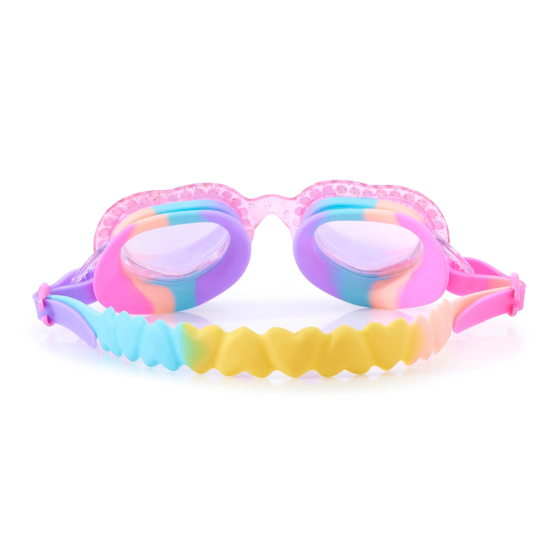 The Bling2O I Love Ya Swim Goggles feature heart-shaped lenses with pink, yellow, blue, and purple swirls, a wavy yellow strap, pink adjustable side clips, UV-protection, and anti-fog coating. Shown on a white background.