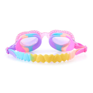 The Bling2O I Love Ya Swim Goggles feature heart-shaped lenses with pink, yellow, blue, and purple swirls, a wavy yellow strap, pink adjustable side clips, UV-protection, and anti-fog coating. Shown on a white background.