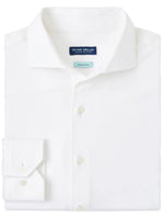 The Excursionist Flex Solid Sport Shirt by Peter Millar is a white, cotton-stretch dress shirt, neatly folded with the brand label on the inner collar. Its wrinkle-resistance keeps it crisp and perfect for travel or any occasion.