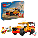 The LEGO® City Lifeguard Beach Rescue Truck by Legos - Toyhouse includes a yellow and red rescue SUV, two minifigures, a surfboard, and accessories—ideal for lifeguard-themed play. Box shown in background.