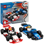 The LEGO® City F1® Williams Racing & Haas F1® Race Cars set by Legos - Toyhouse includes two buildable F1 cars, two driver minifigures, and packaging; recommended for ages 4+.