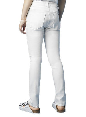 A person is shown from the back wearing white DL1961 Girls' Chloe Skinny Jeans and white shoes, standing against a plain background. These jeans are ideal for an active lifestyle while maintaining a sleek, stylish appearance.
