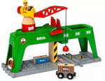 The Brio Container Crane is a valuable railway accessory featuring a red boom, an operator figure on a green platform, and a magnetic hook for moving two wooden freight crates. It includes a cart labeled "BRIO.