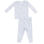 The Angel Dear Baby Girls' Rib Lounge Wear Set is a snug-fitting children’s pajama set with long sleeves and pants in soft ribbed modal, featuring a light blue floral design on white.
