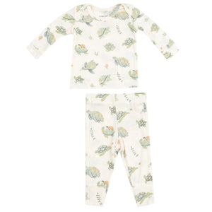 The Angel Dear Baby Girls' Rib Lounge Wear Set is a two-piece pajama with long sleeves and pants, featuring a turtle and foliage print on white ribbed modal for snug, cozy comfort all night.