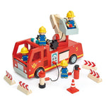 Tender Leaf Toys' Fire Engine is a wooden toy featuring figures in blue uniforms with yellow hats, red barricades, and orange cones. It includes a movable crane with a bucket lift for exciting rescue missions.