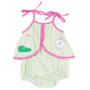 Angel Dear Baby Girls' Bamboo Swing Front Sunsuit with Applique features green and white mini gingham, pink trim, golf-themed appliqués, and shoulder ties. Made from lightweight bamboo for all-day comfort.