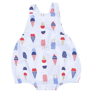 The Angel Dear Baby Boys' Bamboo American Ice Cream Pocket Sunsuit is a breathable white romper with shoulder straps, featuring red, white, and blue ice cream and popsicle prints.