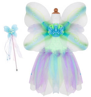 The Butterfly Dress with Wings and Wand by Great Pretenders features a floral bodice in pastel colors. Displayed on a mannequin, it includes wings and a magic wand decorated with a blue butterfly design.