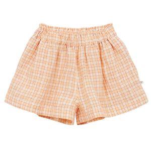 Girls' Filipine Short by Arsene & Les Pipelettes: peach and white checkered cotton shorts with an elastic waist, shown on a plain white background.