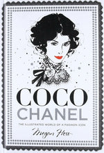 The book cover of "Coco Chanel" by Chronicle Books showcases an illustrated portrait of Chanel adorned with jewelry, highlighting her as a fashion icon in Megan Hess's biography that encapsulates her timeless elegance.