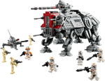 The LEGO® Star Wars AT-TE Walker set by LEGO® includes an armored AT-TE Walker, clone trooper minifigures, battle droids, and a small droid, all showcased on a black background.