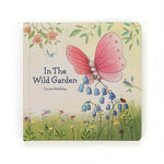 The Jellycat In the Wild Garden Book by Lizzie Walkley invites kids to explore nature, featuring a pink butterfly fluttering among bluebells and lush greenery on its captivating cover.