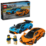 The LEGO® Speed Champions Lamborghini Revuelto & Huracán STO by Legos - Toyhouse features blue and orange Lamborghini toy cars, two minifigures, and the set box for an exciting building experience.