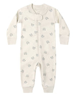 The Quincy Mae Baby Long Sleeve Zip Sleeper is a cream-colored onesie with a bear face pattern and zip closure, keeping your little one snug and stylish all day.
