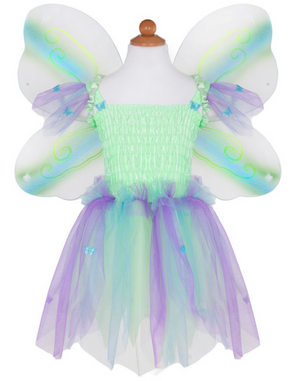 The Butterfly Dress with Wings and Wand by Great Pretenders features a green and purple tulle design, complete with a magic wand and detachable wings, elegantly displayed on a mannequin.