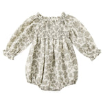 The Quincy Mae Baby Girl's Eden Romper features long sleeves, a ruffled neckline and cuffs, a gray floral print on white, and a beautifully smocked bodice for charming style.