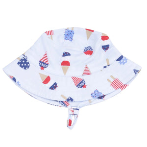 The Angel Dear Baby Bucket Hat features playful red, blue, and beige ice cream and popsicle patterns with a chin strap for added sun protection.