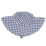The Angel Dear Wide Brim Sunhat, crafted from organic muslin in a blue and white gingham check, is shown from above on a plain background—perfect for stylish sun protection.