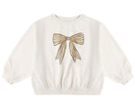 The Rylee & Cru Baby Girls' and Girls' Oversized Sweatshirt is a cozy white French terry crewneck pullover featuring a large gold-striped bow design on the front.