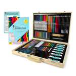 The Bright Stripes Deluxe Wood Everything Art Case opens to reveal colored pencils, markers, paints, brushes, and pastels—everything you need to create art—with a combo pad and techniques guide included.