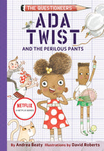 The cover of "Ada Twist & the Perilous Pants - Book Two" by Abrams shows Ada Twist, a young scientist, at the center with raised hands, surrounded by playful children. The title and author info are clearly displayed.