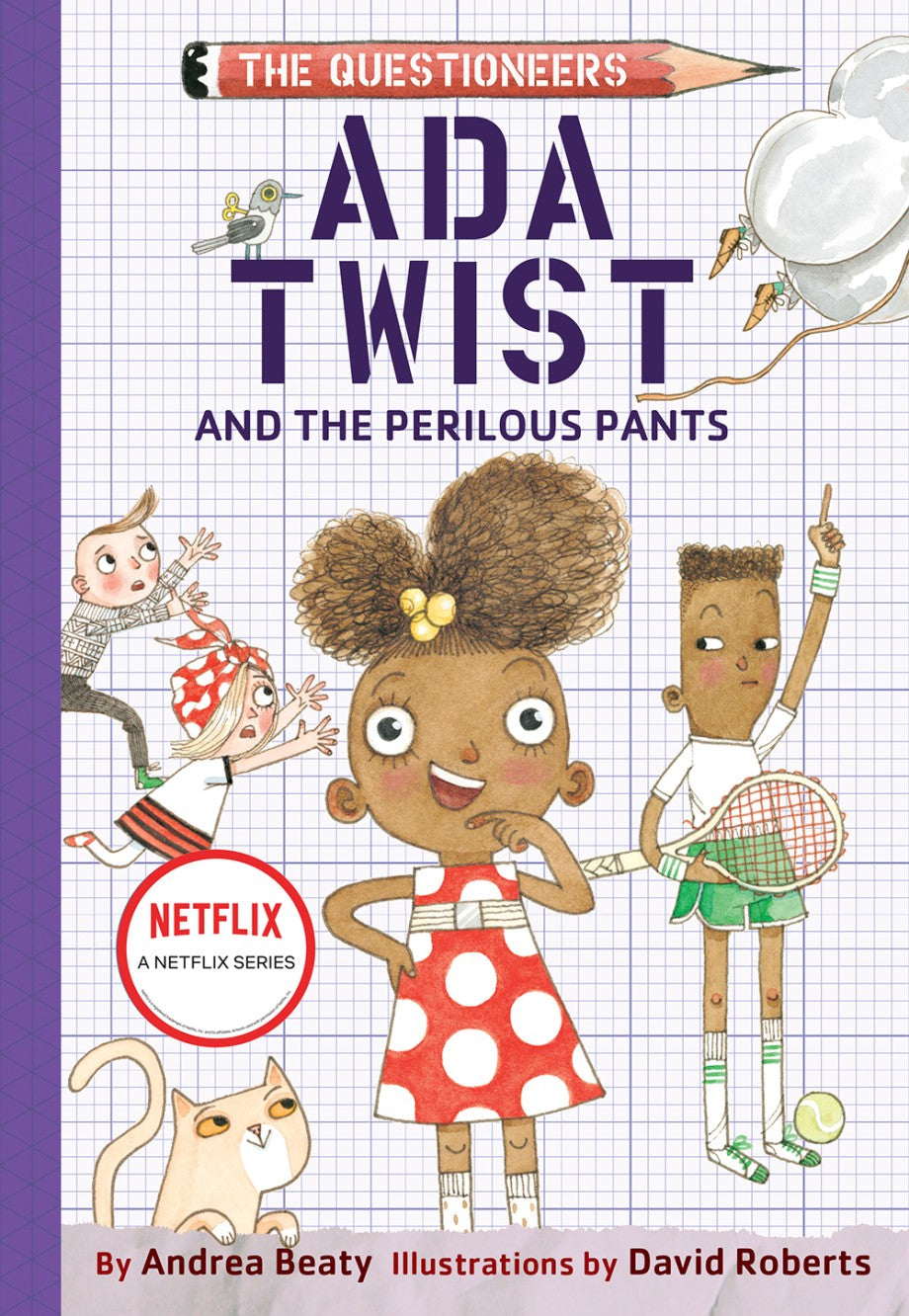 The cover of "Ada Twist & the Perilous Pants - Book Two" by Abrams shows Ada Twist, a young scientist, at the center with raised hands, surrounded by playful children. The title and author info are clearly displayed.