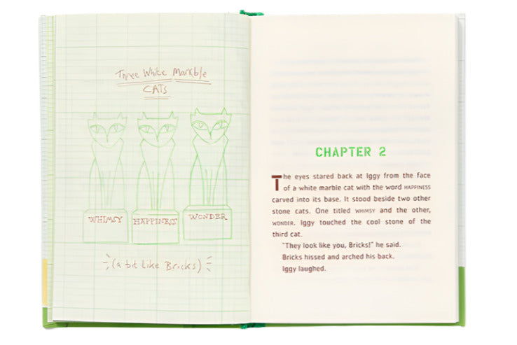 An open book of "Iggy Peck & the Mysterious Mansion - Book Three" by Abrams displays a sketch of three marble cats and architect’s notes on haunted house designs, with Chapter 2's text visible and green highlights marking key details.
