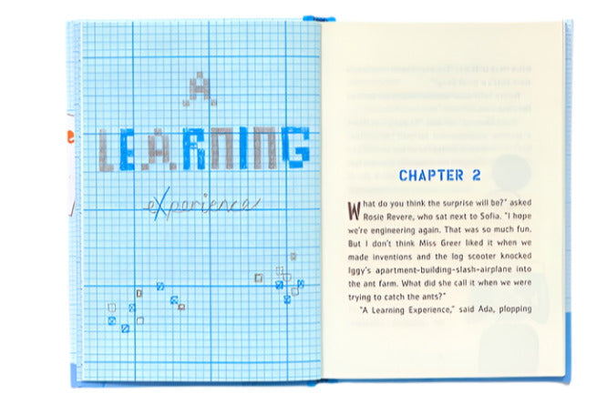 An open book displays a left page with blue graph paper, pixelated “LEARNING,” and notes. The right page introduces Chapter 2 of Sofia Valdez And The Vanishing Vote (Questioneers) by Abrams—a great chapter book for Grade Two children.