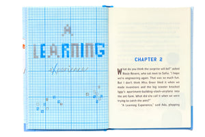 An open book displays a left page with blue graph paper, pixelated “LEARNING,” and notes. The right page introduces Chapter 2 of Sofia Valdez And The Vanishing Vote (Questioneers) by Abrams—a great chapter book for Grade Two children.