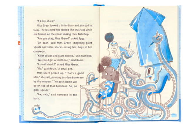 An illustrated children's book page features a Grade Two class pet—a giant blue squid—towering over a teacher and students as they discuss sea animals, echoing the adventure style of "Sofia Valdez And The Vanishing Vote" by Abrams.