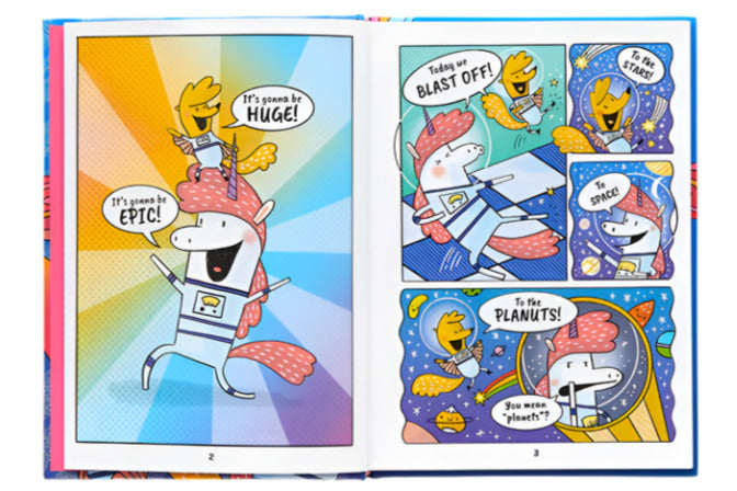 An engaging comic book, *The Cosmic Adventures of Astrid and Stella*, showcases vibrant illustrations by Abrams. A horse and bird in space gear eagerly discuss their next mission against dynamic backgrounds in this graphic novel series, inviting you to explore new planets.