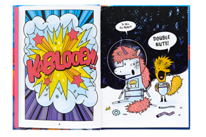 An open *The Cosmic Adventures of Astrid and Stella Book* from Abrams shows an explosion with "Kablooey!!" on one page. Two animated characters are surprised on the other, saying "Is this for real?!" and "Double nuts!" in this thrilling space adventure graphic novel series.