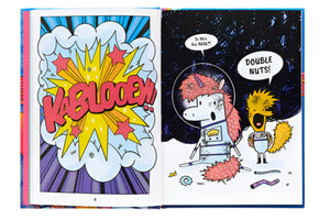 An open *The Cosmic Adventures of Astrid and Stella Book* from Abrams shows an explosion with "Kablooey!!" on one page. Two animated characters are surprised on the other, saying "Is this for real?!" and "Double nuts!" in this thrilling space adventure graphic novel series.