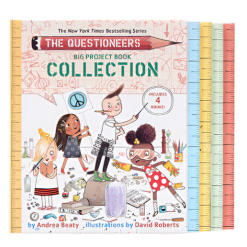 The Questioneers Big Project Book Collection by Abrams includes four colorful activity books with illustrated kids and school supplies on the covers, offering fun, kid-friendly projects inside.