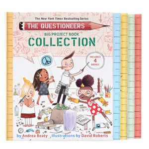 The Questioneers Big Project Book Collection by Abrams includes four colorful activity books with illustrated kids and school supplies on the covers, offering fun, kid-friendly projects inside.