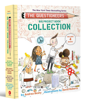 The cover of Abrams' The Questioneers Big Project Book Collection shows four illustrated children engaging in science and engineering projects, surrounded by tools and books.