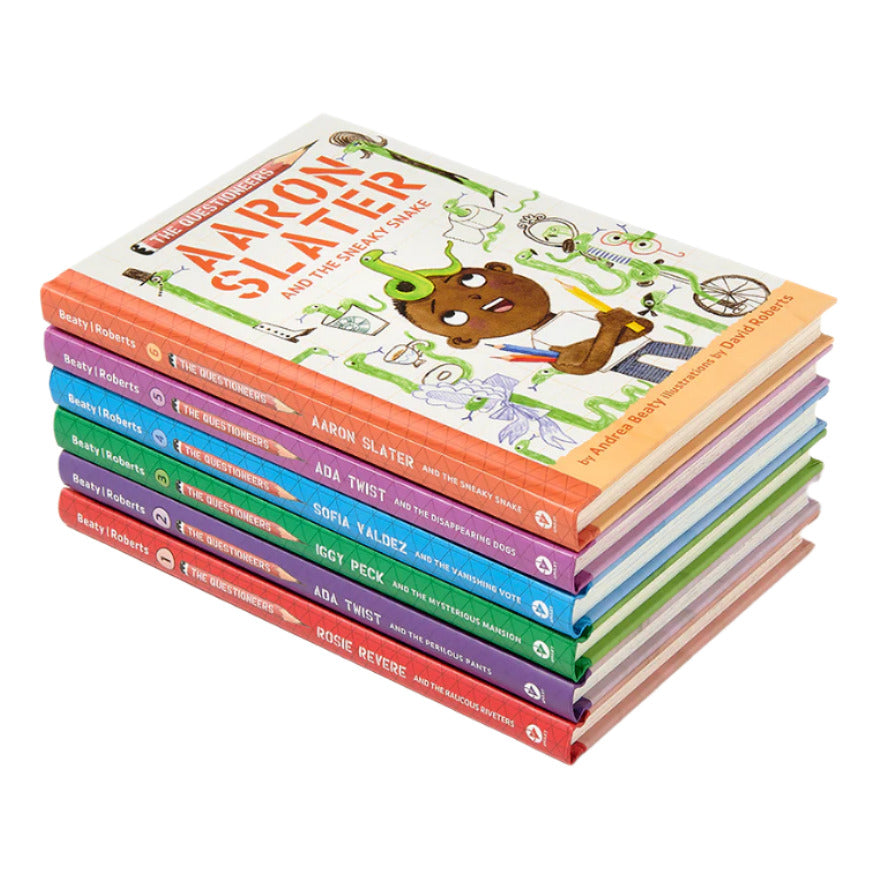 A set of six illustrated chapter books from Abrams’ "The Questioneers Chapter Book Collection" (Books 1-6) is shown, with "Aaron Slater, Illustrator" on top.