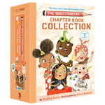 The Questioneers Chapter Book Collection (Books 1-6) by Abrams includes Andrea Beaty's series, illustrated by David Roberts, featuring scientific themes and illustrated children on the covers.