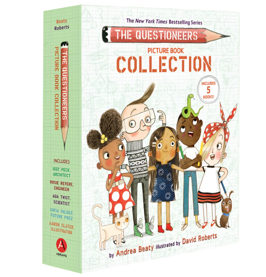 The Questioneers Picture Book Collection (Books 1-5) by Abrams includes vibrant stories illustrated by David Roberts, featuring five children and a pencil on the cover.