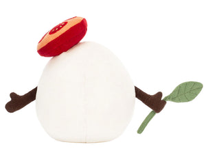Meet Jellycat’s Amuseables Mozzarella—a cute, white oval plush with brown arms, a red top, and a green leaf. This charming cheese is the ultimate gift for anyone who loves adorable foodie treats!.
