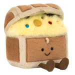 The Jellycat Amuseables Treasure Chest is a plush toy chest with yellow fluff, colorful spots, a smiling face, and little legs—ideal for sparking imaginative treasure hunting adventures.