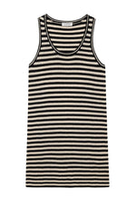 The Arie Dress by Anine Bing is a sleeveless knit tank dress with black and white horizontal stripes, shown laid flat on a white background.