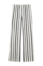 The Elain Pant Monogram by Anine Bing features a lightweight cupro blend in ivory and black stripes with a straight-leg cut, shown flat against a white background.