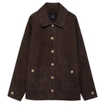 The Anine Bing Luca Suede Jacket is a brown suede piece featuring a collar, long sleeves, front button closure, and two front pockets.